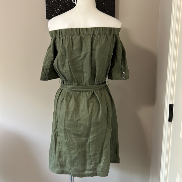 FRAME DENIM Linen Off the Shoulder Dress Olive Green Tie Waist Sz XS - Picture 7 of 12